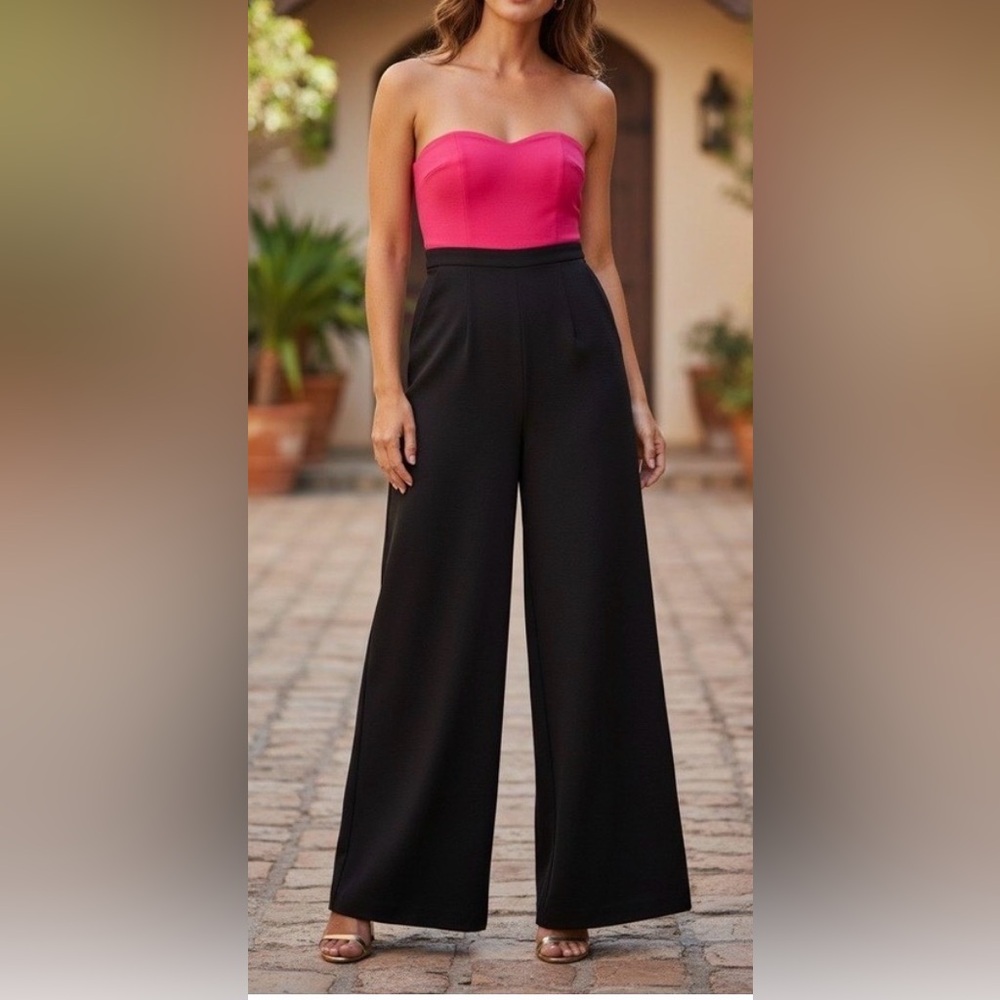 White House Black Market Black Wide-Leg Jumpsuit with Hot Pink Bodice